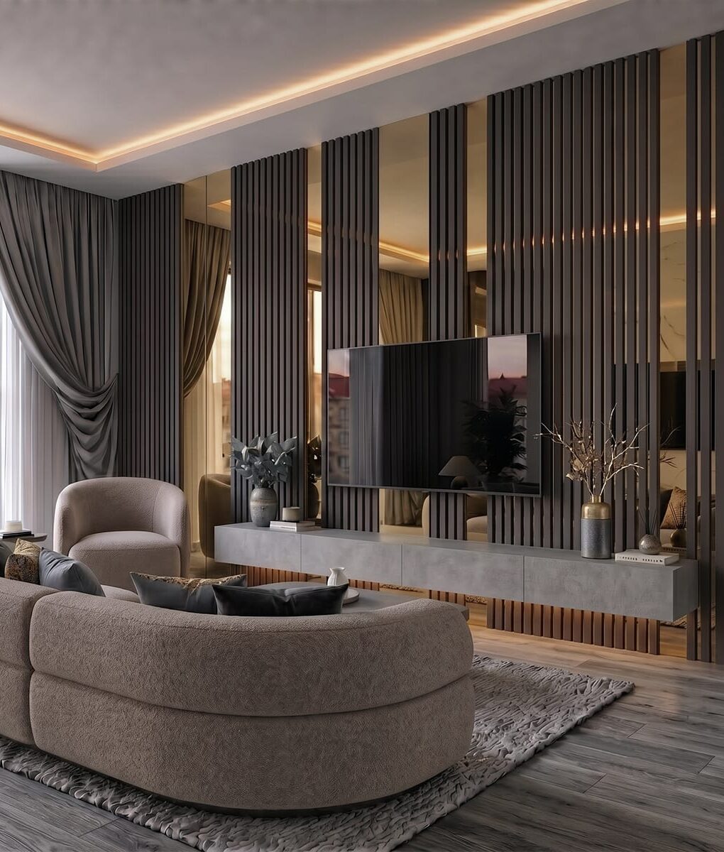 Living modern cu riflaje MDF antracit și inserții de oglindă aurie pe peretele TV